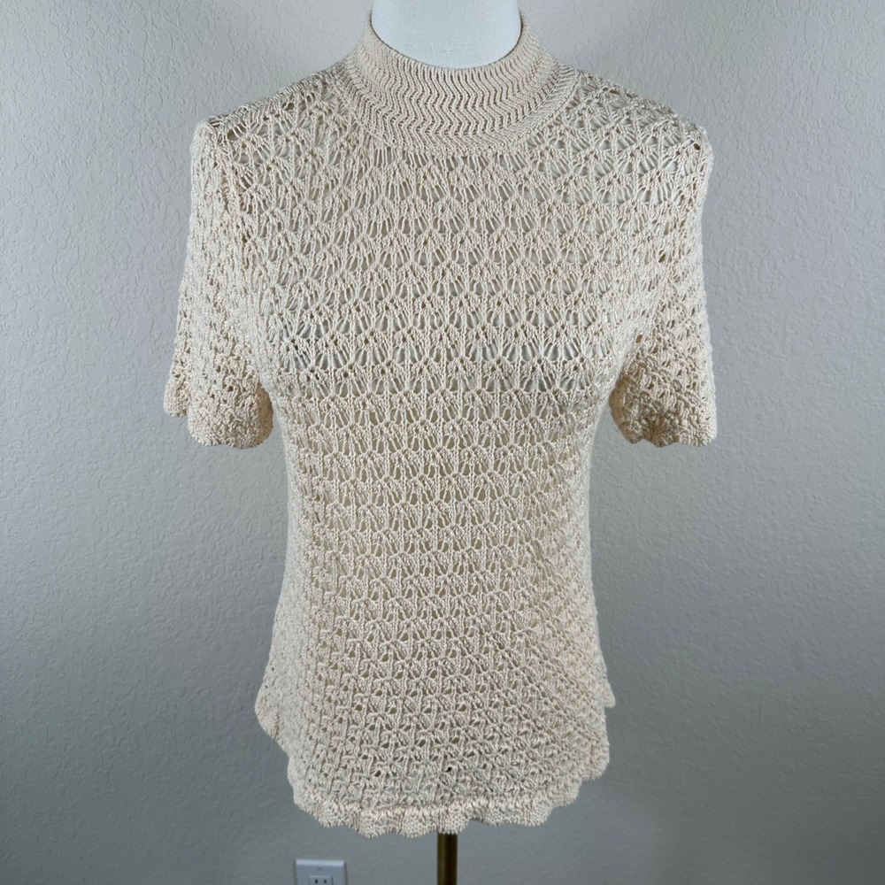 Mango NWT Crochet Knit Top Womens M Cream Organic Cotton Open Weave High Neck